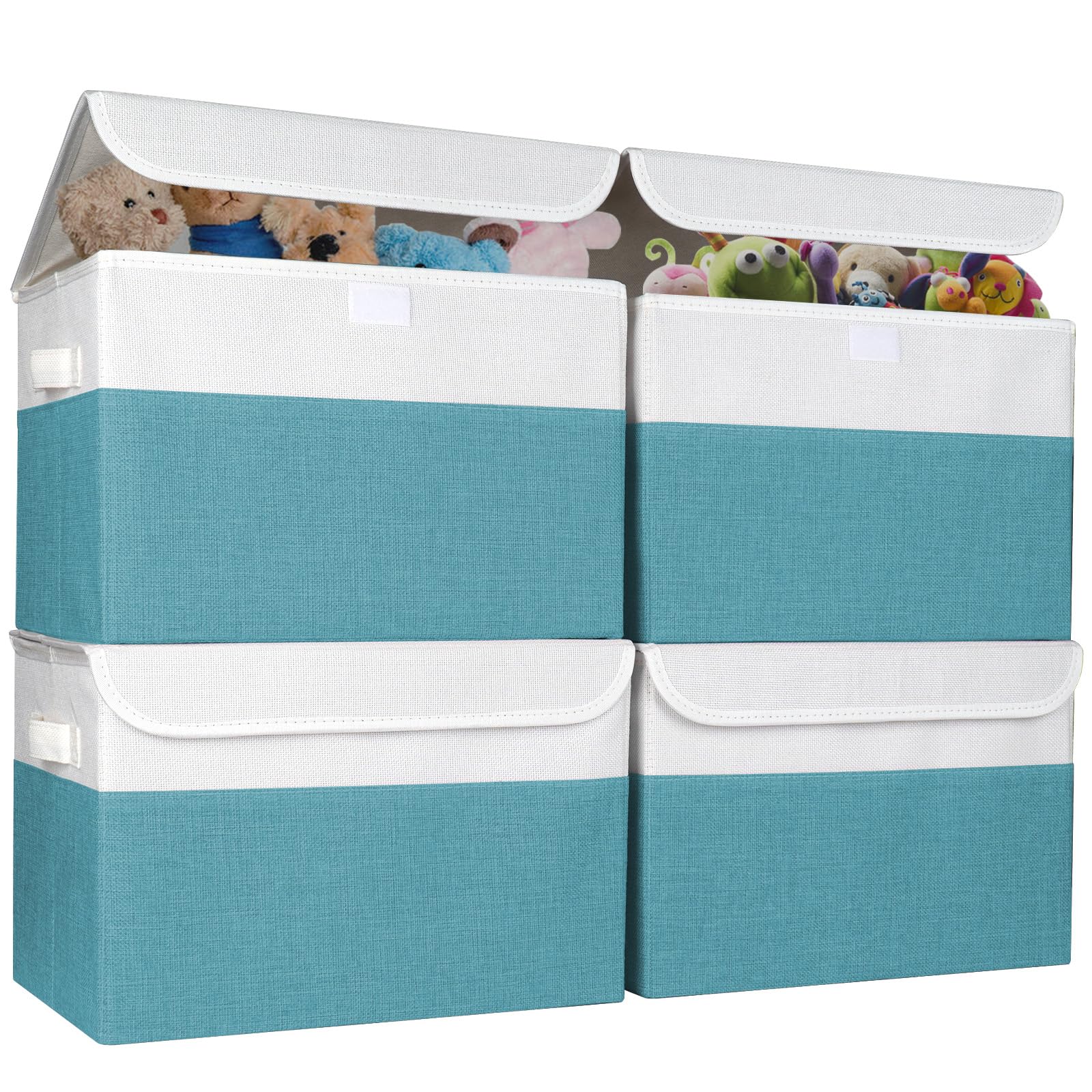 Bagnizer Large 22 Quart Linen Fabric Foldable Storage Bin Cube Organizer Basket with Flip-Top Lid & Handles, Clothes Blanket Box for Home, Office, Closet, Teal & White, 4 Pack 14.6 x 9.5 x 9.5
