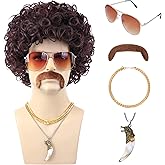 Bettecos 6pcs Set 70s 80s Disco wig with Mustache Glasses Artificial Wolf Necklace Gold Chain Short Curly Synthetic Hair Afro Mens Wig for 60s Hippies Costume Cosplay Halloween Party (Reddish Brown)