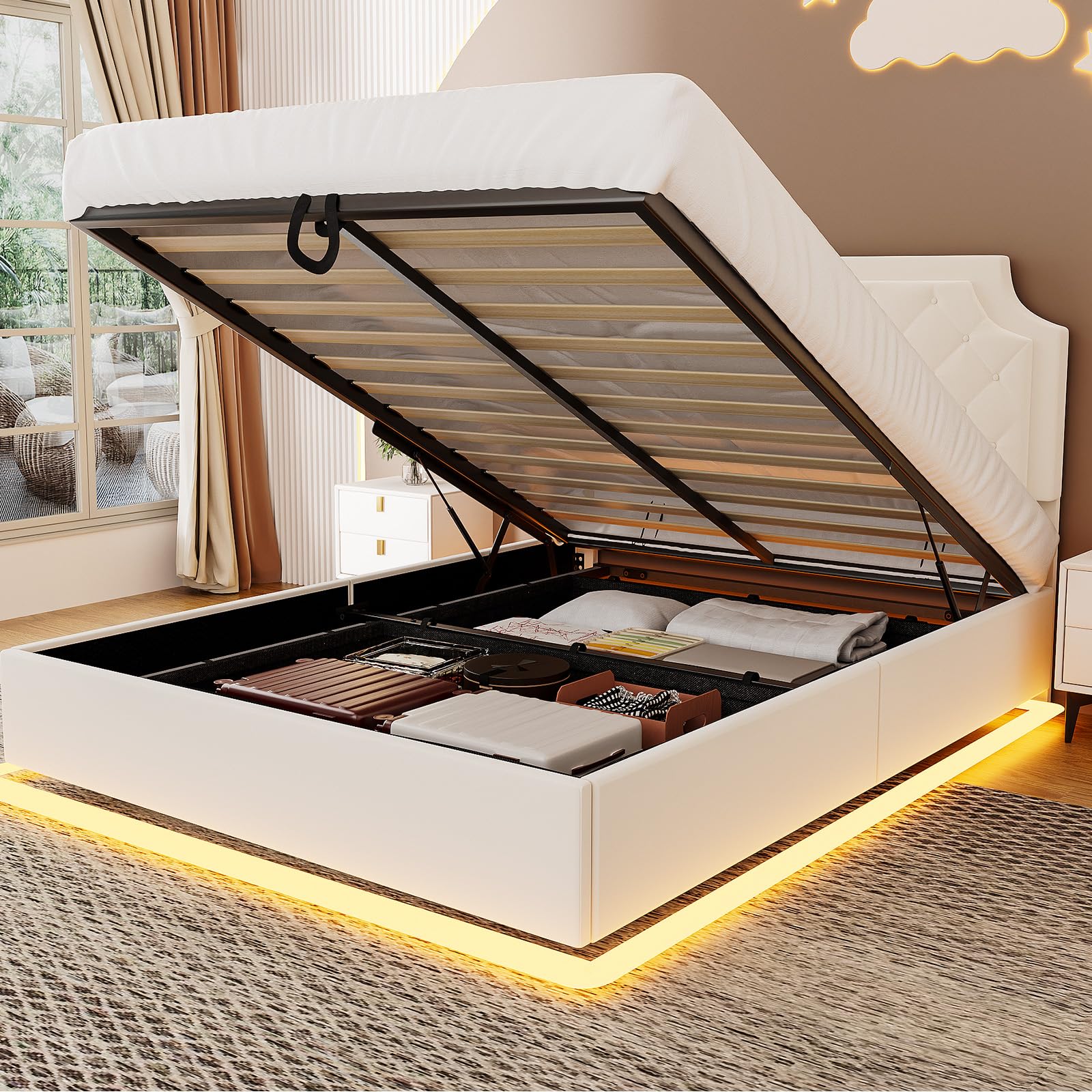 Photo 1 of Queen Size Lift Up Storage Bed Frame, Modern Wingback with Adjustable Headboard?Equiped with LED Light, Fast Charging Station and Outlet, Solid Wood Slats, No Box Spring Needed, Noise-Free, White