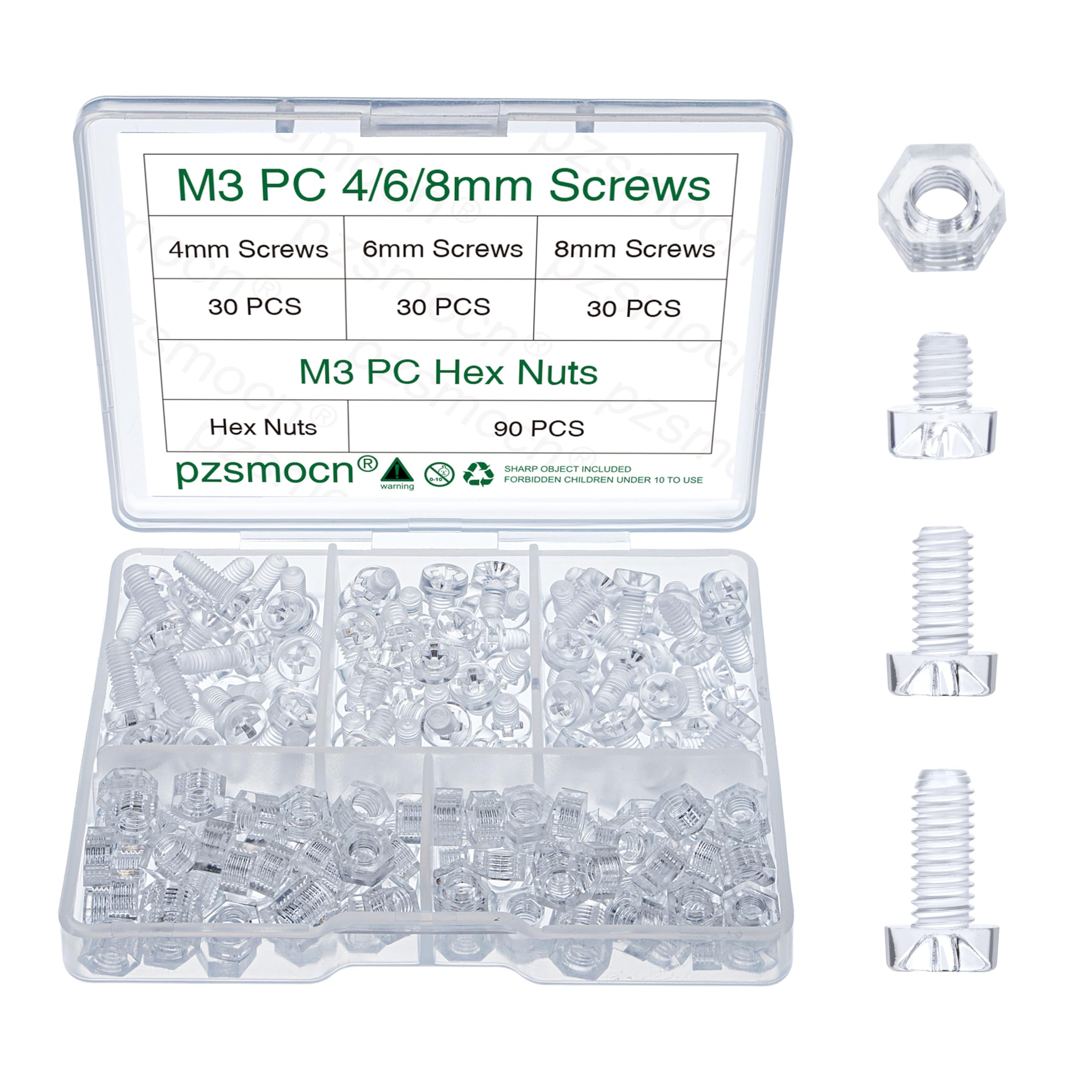 Pzsmocn 180 Pieces M3*4mm / M3*6mm / M3*8mm PC Transparent Plastic Cross-recessed Round Head Screws and Hexagonal Nuts Kit, Corrosion-resistant, for DIY, Model and Electronic Product Fixation.