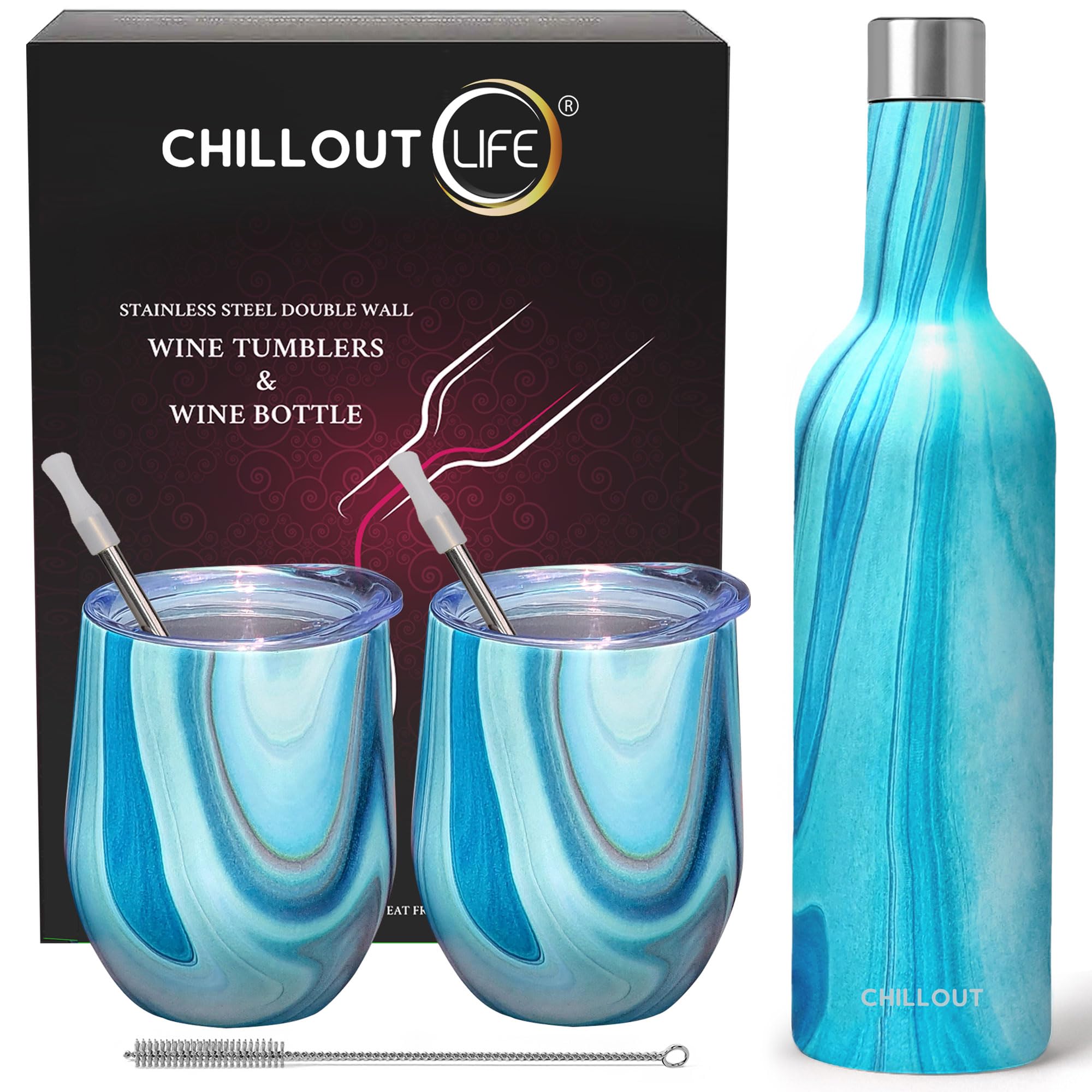 CHILLOUT LIFE Stainless Steel Wine Tumblers 2 Pack 12 oz & 1 Insulated Wine Bottle - Double Wall Vacuum Insulated Wine Cups with Lids and Straws Set - Ocean Marble