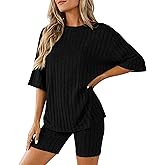 KIRUNDO Lounge Sets For Women 2 Piece Ribbed Knit Shorts Set Casual Short Sleeve Tops Biker Shorts Vacation Cruise Outfits