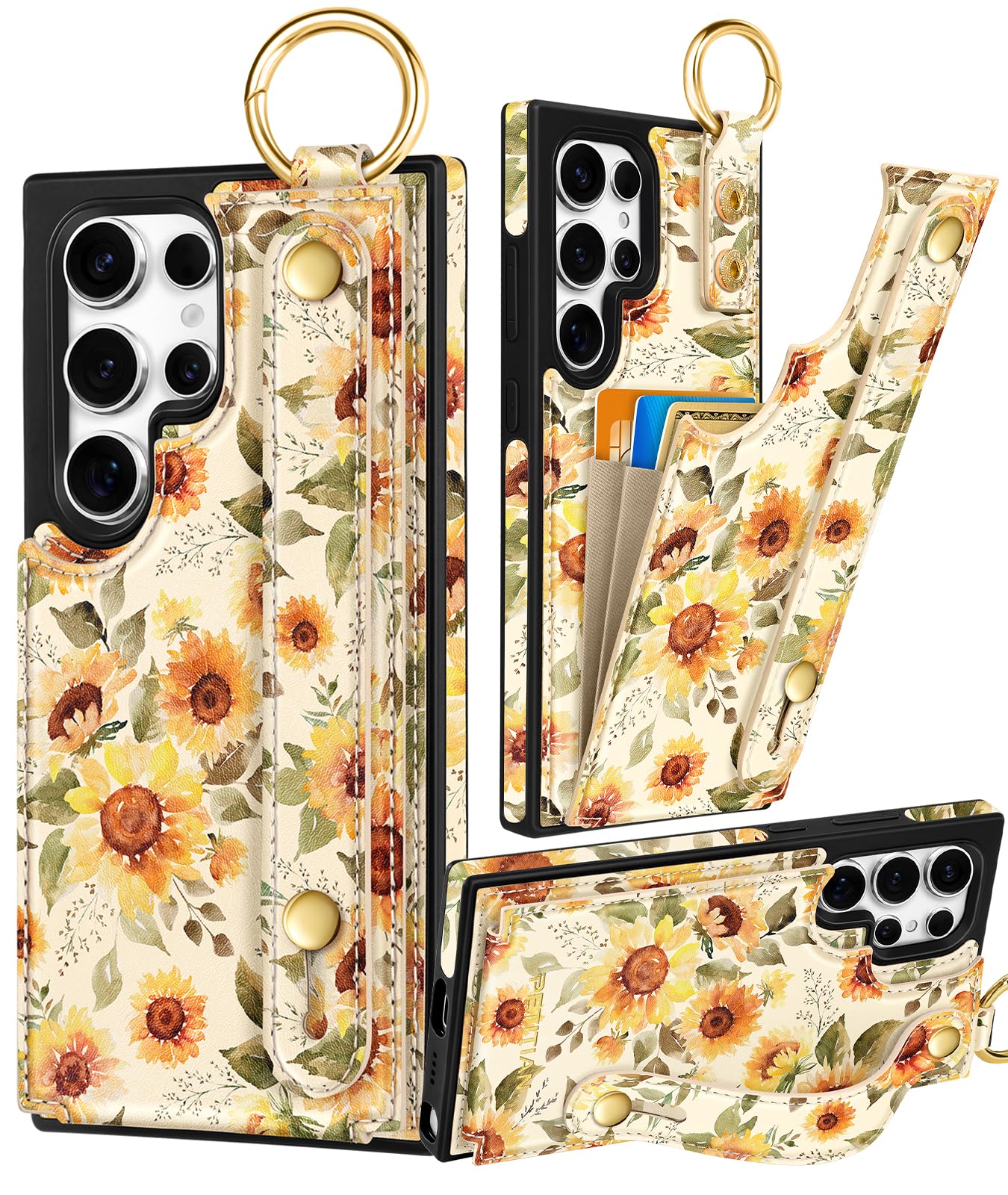 Photo 1 of Petitian for Samsung Galaxy S22 Ultra Case with Wallet - Women Girls Cute Girly Aesthetic Unique Design Leather Credit Card Holder Cardholder Stand Wristband for S22 Ultra, Sunflower