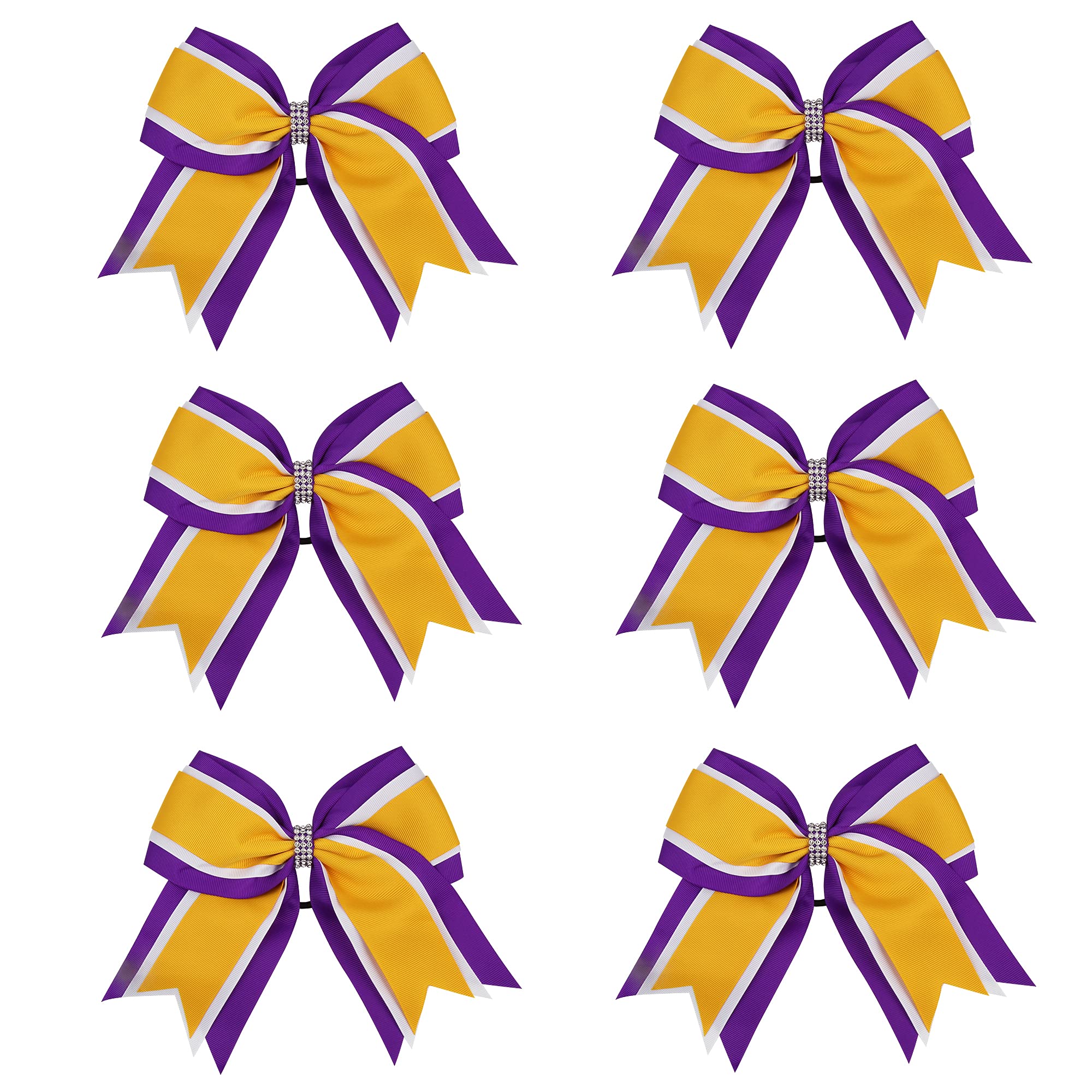Photo 1 of 8 Inch 3 Colors 3 Layers 6 Pcs Cheerleader Bows Jumbo Cheerleading Bows Hair Elastic Hair Tie for High School College (Purple/White/Yellow gold)