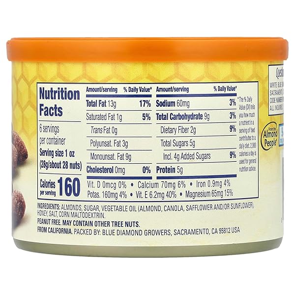 BLUE DIAMOND ALMONDS, SWEET HONEY ROASTED CLASSIC FLAVOR, GMO FREE, KOSHER, NO GLUTEN INGREDIENTS OR ARTIFICIAL FLAVORS, GREAT FOR ON-THE-GO, PANTRY STAPLE, DESSERT, HOLIDAYS, LUNCH, CHARCUTERIE, 6 OZ. CAN
