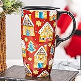 Topadorn Christmas Gingerbread House Mug 17 Oz with Lid, Insulated Porcelain Travel Cup for Hot Cocoa & Coffee, Xmas Office Gift, Dishwasher Safe