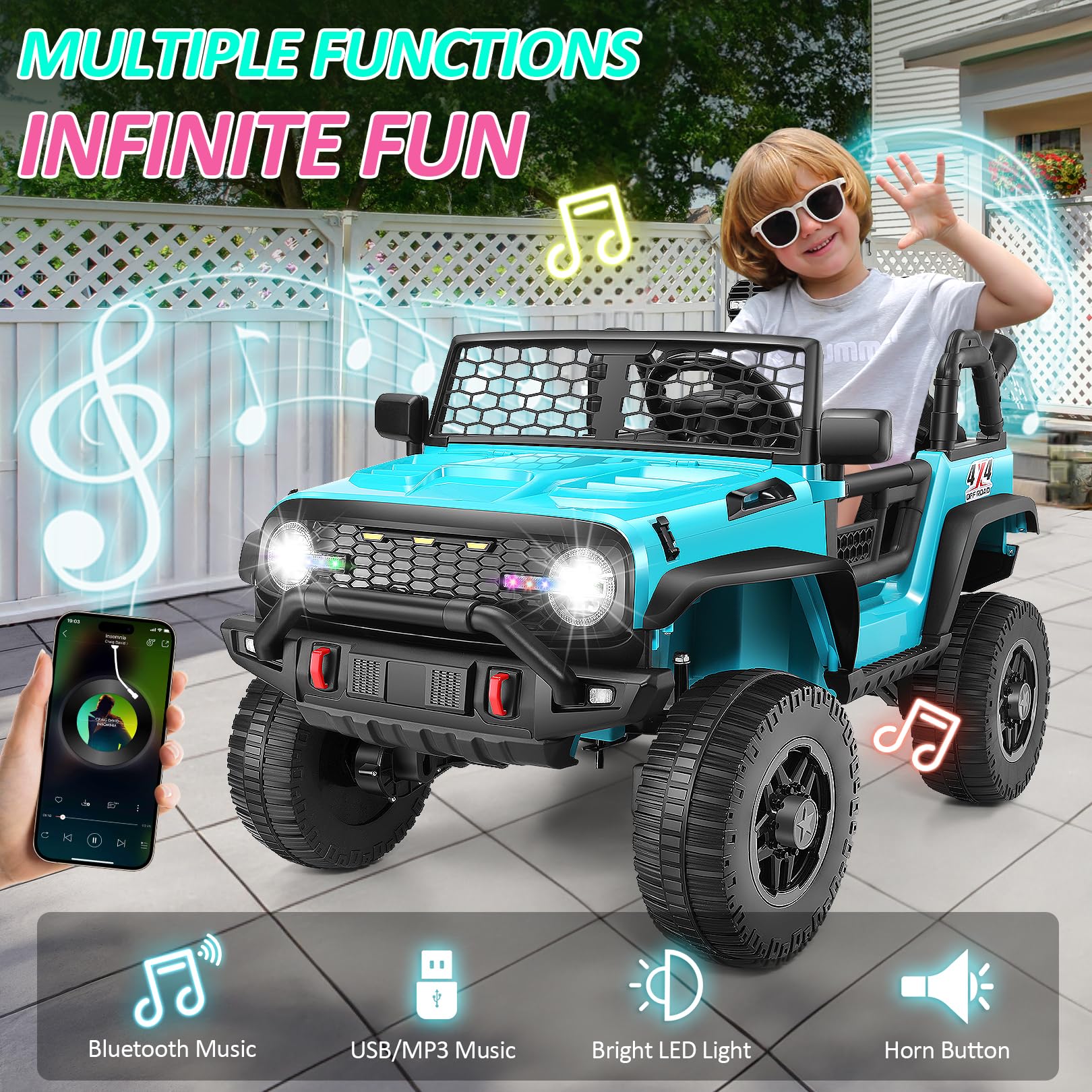 Hikole 24 Volt Ride on Car Toys with Remote Control, 4x100W Powerful Wheels, Electric Car for Kids 2 Seater for Kids Boys Girls Age 4-8, 5MPH Max Speed, LED Lights, 4*Suspension, Music Player, Blue