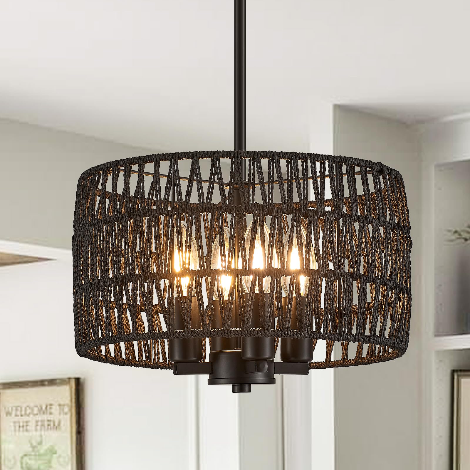 Photo 1 of Aol furin 11" Boho Small Rattan Chandelier for Dining Room Black Wicker Farmhouse Pendant Light Fixture for Kitchen Island Hand Woven Coastal 4-Light Round Hanging Lighting for Entryway Foyer Hallway