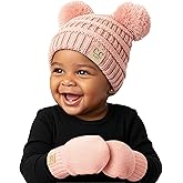 Funky Junque Baby Double Faux Fur Pom Pom Beanie & Mittens Set – Newborn Infant 0–9 Months Winter Hat with Soft Lined Mittens