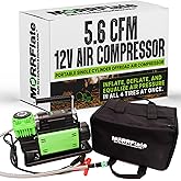 MORRFlate Air Compressor FiveSix PSI Pro With Auto Shut Off Mode | Portable Single Cylinder 5.6 CFM 12V Offroad Air Compressor with 4FT Hose | Set Your PSI and Walk Away | Includes Bag and Gloves