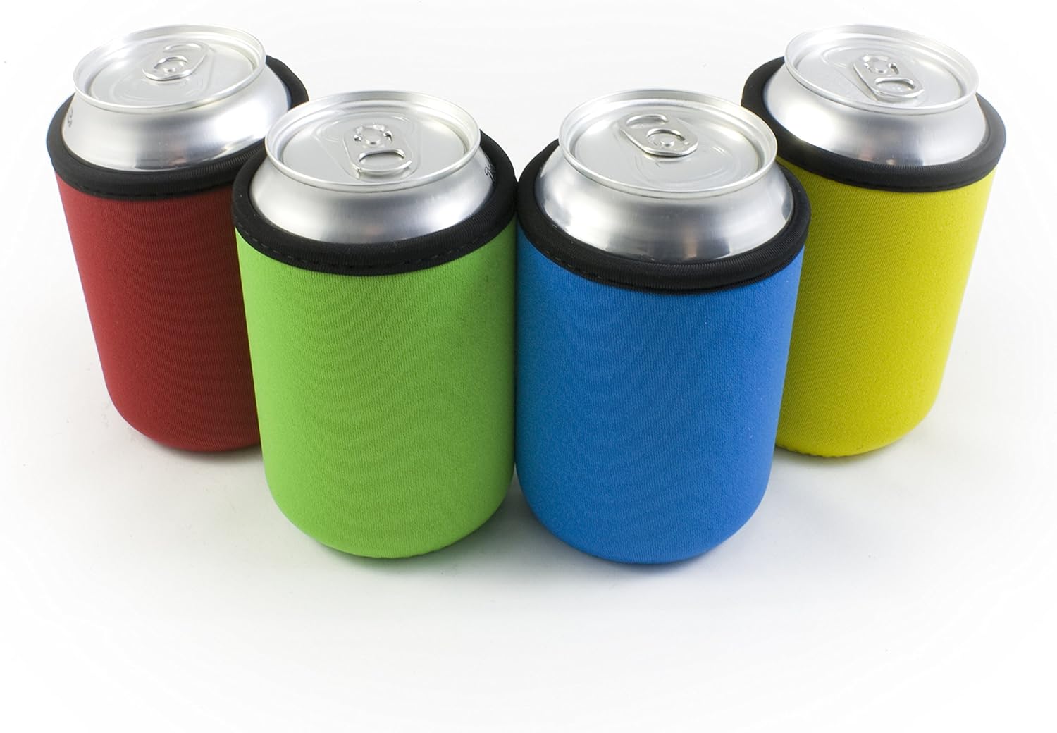 Beer Can Coolies - 4mm Thick Easy-On Supercoolies - Premium Set of 4 Assorted Collapsible Can Sleeves - Red, Green, Blue, Yellow