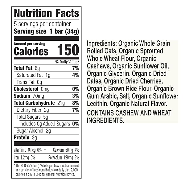 CASCADIAN FARM ORGANIC CHERRY CASHEW CHEWY GRANOLA BARS, NO ADDED SUGAR, 6 OZ, 5 COUNT