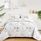 Anibedding Grey Quilt Set Full,3 Pieces Reversible Elegant Gray Botanical Leaves Pattern Bedspread Coverlet Soft Microfiber Bed Cover for All Season(90"×78")