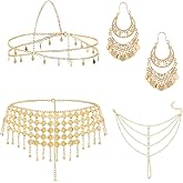 Xozeu Gold Belly Dance Accessories for Women | Belly Dancer Hip Scarf, Head Chain, Coin Drop Earrings, Hand Chain Bracelet, Gypsy Costume, Halloween Party Prom Jewelry Set