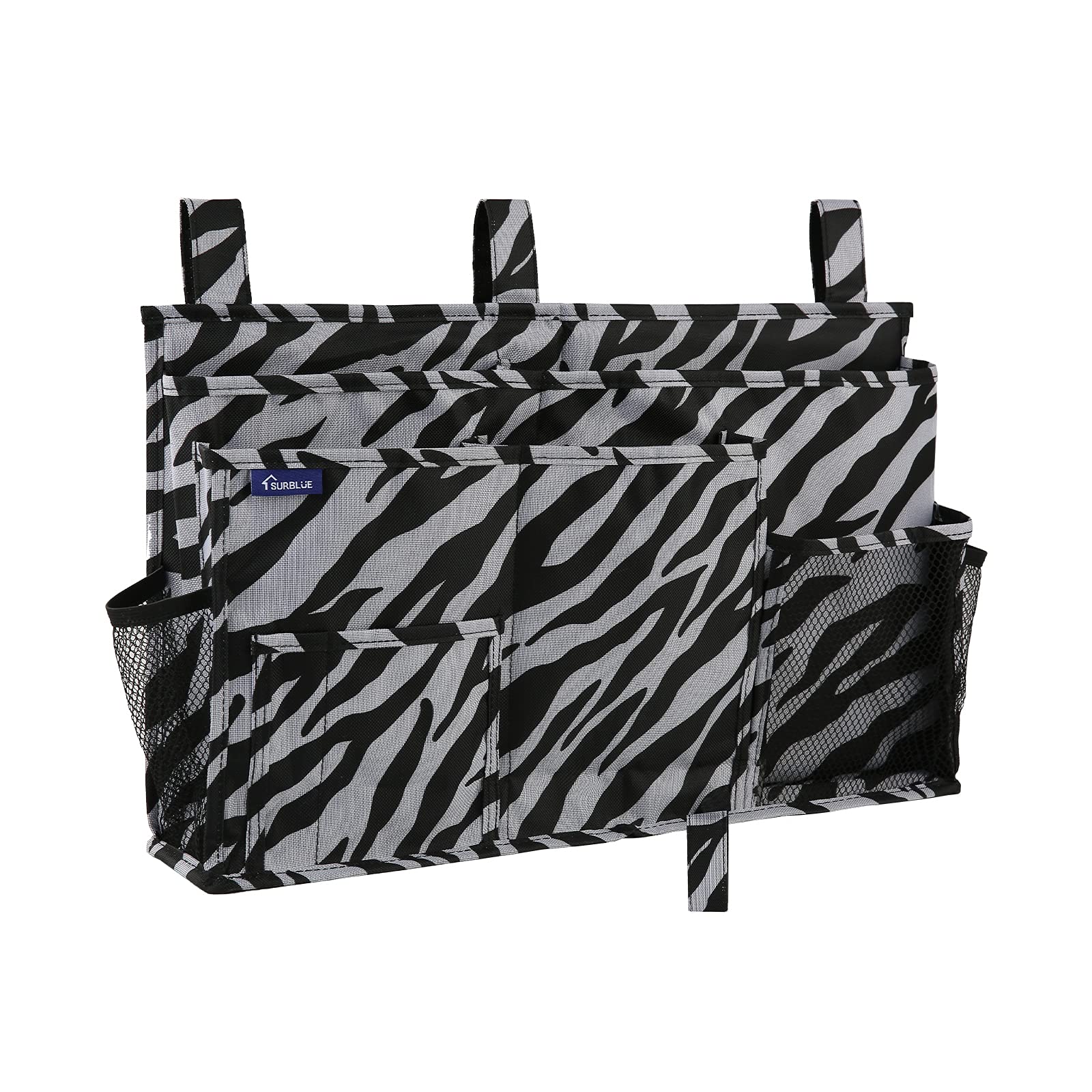 Surblue Bedside Caddy Hanging Organizer Storage Bag Pocket for Bunk, Hospital, College Dorm Rooms, Baby Bed Rails, Camp - 8 Pockets (Large, Zebra)