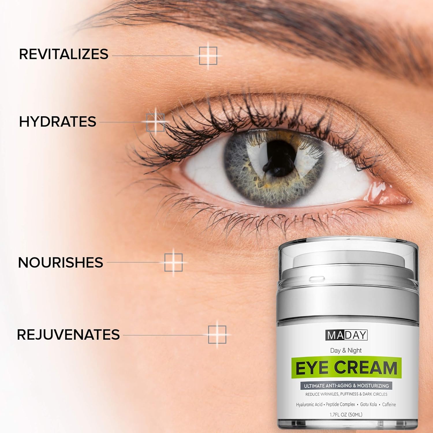 Eye Cream - Reduce Dark Circles, Puffiness and Under Eye Bags - Effective Anti-Wrinkles Treatment - Anti-Aging Eye Gel with Hyaluronic Acid, Gotu Kola Extract, Caffeine - Refreshing Eye serum: Beauty