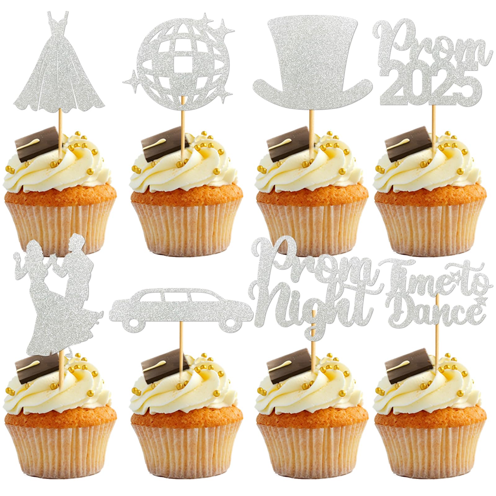Photo 1 of 40Pcs Sliver Prom Cupcake Topper Prom Decorations for Party 2025 Prom Graduation Cupcake Topper 2025 Graduation Decorations Class of 2025 Prom Party Decorations 2025