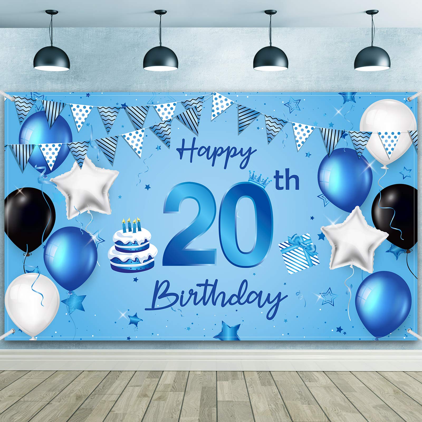 Happy 20th Birthday Backdrop Banner Extra Large Fabric Birthday Sign Poster Photography Background Backdrop Banner for 20th Birthday Anniversary Party Decorations, 72.8 x 43.3 Inch (Stylish 20th)