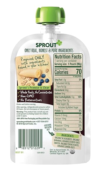 SPROUT ORGANIC BABY FOOD, STAGE 2 POUCHES, FRUIT VEGGIE & GRAIN BLEND, BLUEBERRY BANANA OATMEAL, 3.5 OZ PUREES (PACK OF 6)