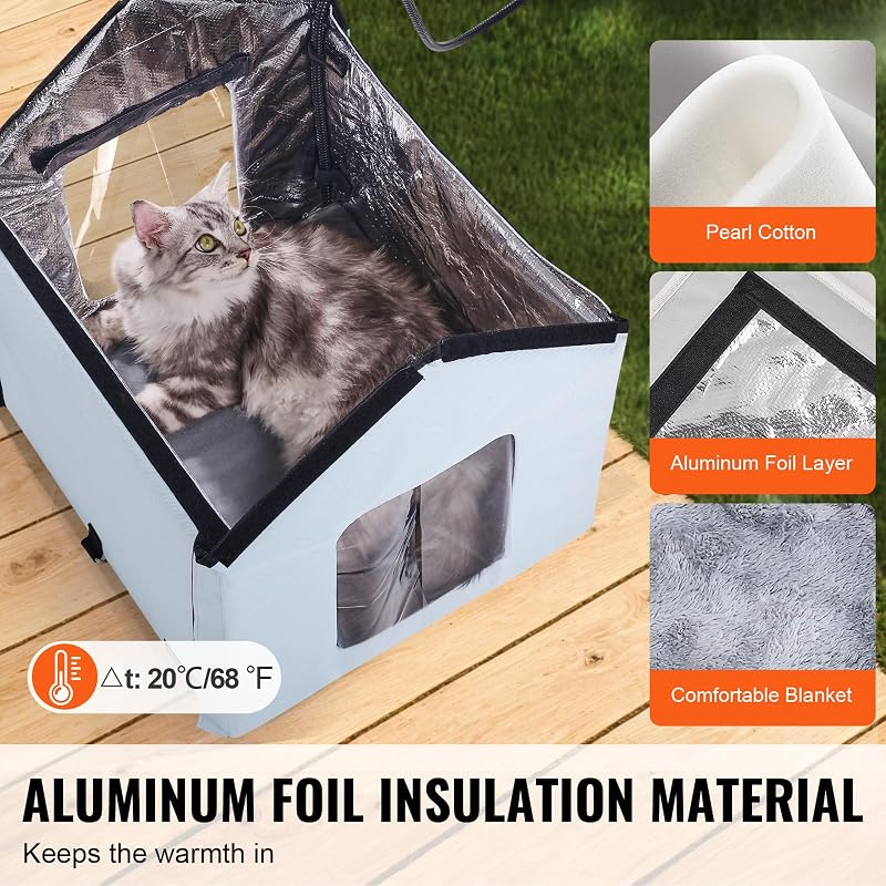 Cuccia per gatti riscaldata, per esterni con temperatura regolabile e timer, per gatti pieghevole in tessuto Oxford 600D con cuscino riscaldato per l'inverno