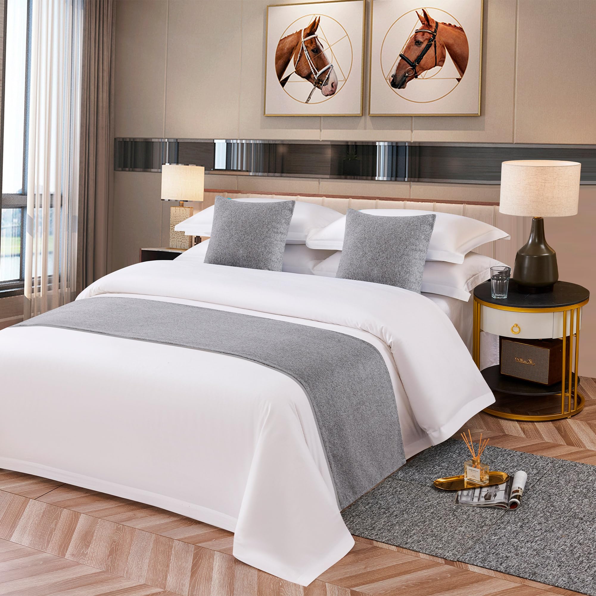 OSVINO Simple Solid Color Polyester Cotton Bedroom Guesthouse Bedding Protection Decor Bed Scarf Runner (Light Gray, Single/Small Double)