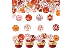 Fyeoxle 48PCS Edible Chinese Lunar Year Spring Festival Cupcake Toppers Edible Chinese Snake Year Cupcake Toppers Chinese Happy New Year Cake Decor for Snake Year Spring Festival Party Decor Supplies