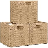 Wicker Storage Baskets for Organizing, 3 Pack Rustic Foldable Square Basket for Shelves, Handwoven Cubby Organizer Bins for Home Decor, Small Cube Storage Bin for Closet Organization (Natural 11 inch)