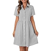 Rooscier Women's Striped Shirt Dress Button Down Collared Short Sleeve Mini Dress