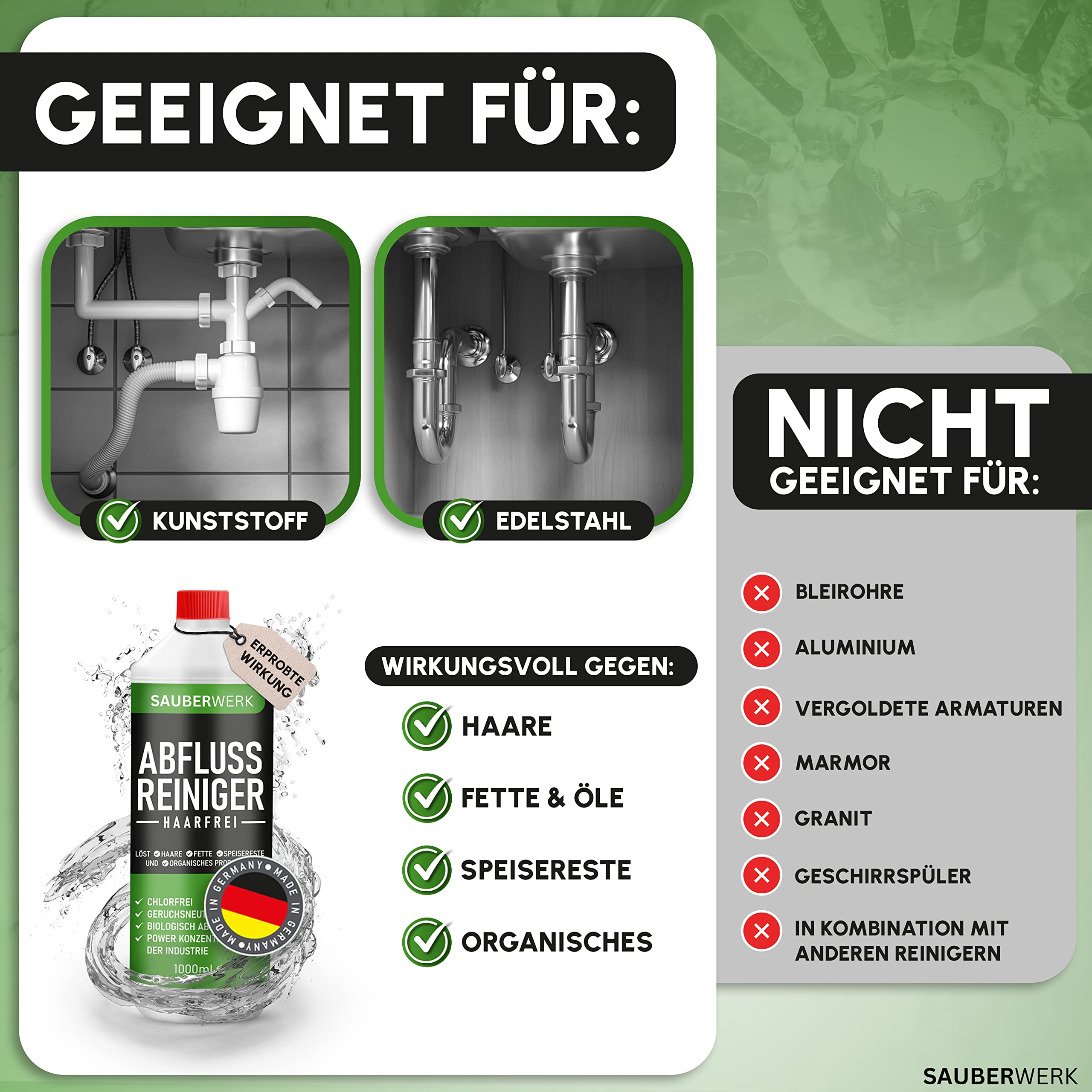 SauberWerk® - Profi Abflussreiniger & Rohrreiniger „Haarfrei“ (1L) - Haarentferner flüssig für Toilette, WC & Küche EXTRA STARK - Rohrfrei & Abflussfrei gegen Abfluss-Verstopfung Haare & Organischem 8