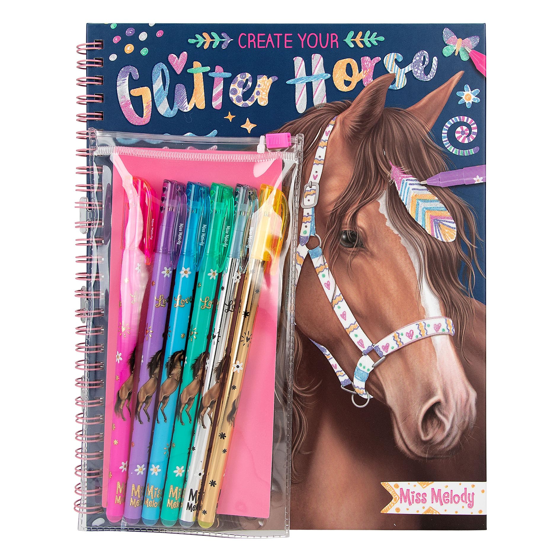 Depesche 12931 Miss Melody Creates Colouring Book with 30 Pages for Drawing Horses Patterns, Includes 6 Glitter Gel Pens, Multicoloured, One Size