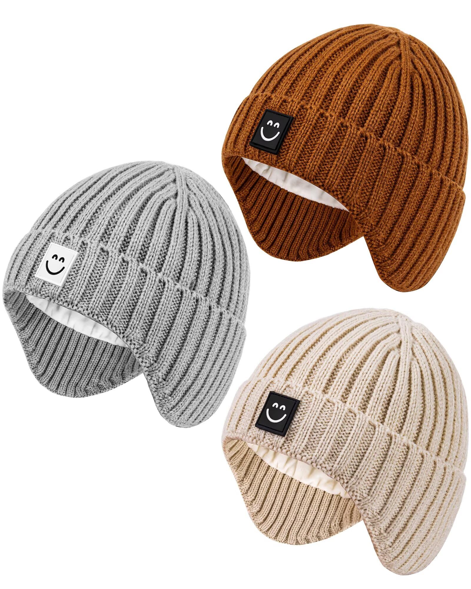 View 1 of **PARTIAL SET/ ONLY 2 ** 3 Pack Baby Beanie Hats with Earflaps, 2 Size Baby Winter Hat for Newborn Infant Toddler Kids Children with Cute Smiley Face, Soft Warm Fleece Lined Knit Hat for Girls Boys-13