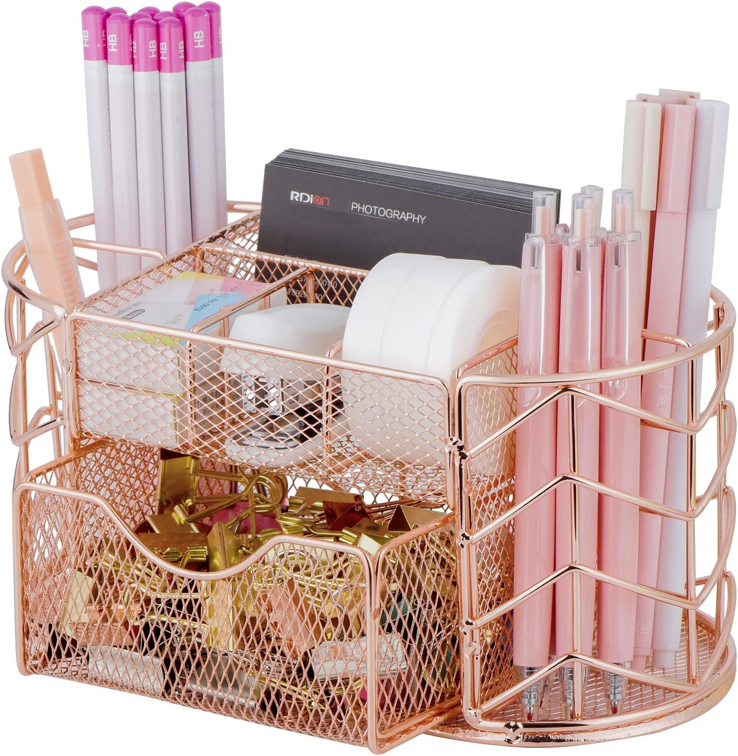 POPRUN Cute Desk Organizer - Pen Holder for Desk,Trendy Mesh Office Supplies Accessories Essentials Caddy with Drawer for Home & Office Desktop Organization & Decor, Rose Gold