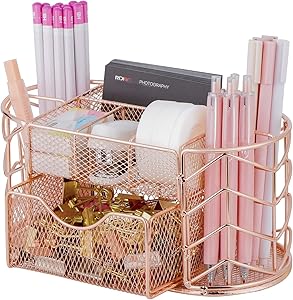 POPRUN Cute Desk Organizer - Pen Holder for Desk,Trendy Mesh Office Supplies Accessories Essentials Caddy with Drawer for Home & Office Desktop Organization & Decor, Rose Gold