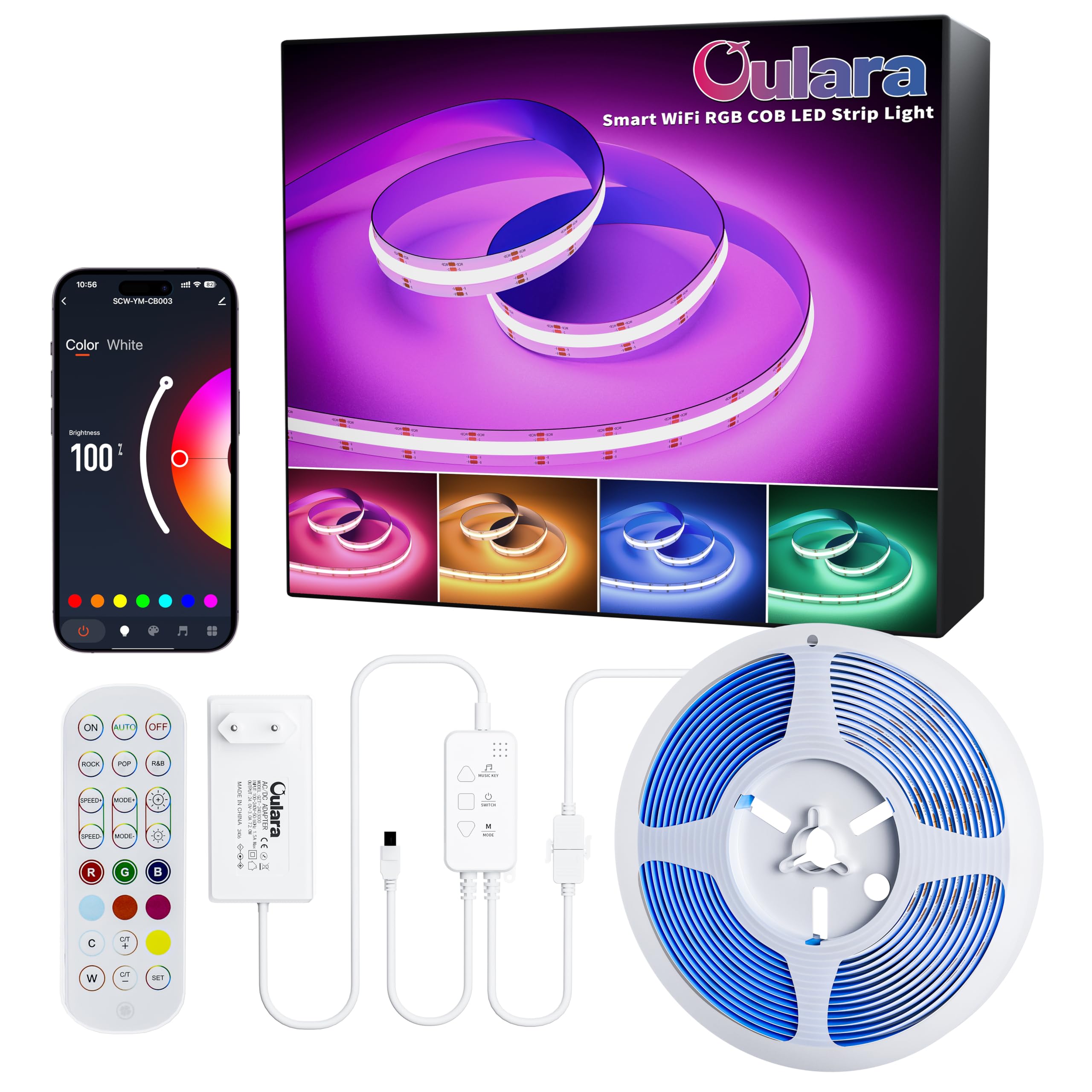 OULARA WIFI RGB COB LED Streifen 6M Dimmbar LED strip Licht DC24V,Farbe Wechsel Smart Funktioniert mit Tuya/Alexa/Google Assistant,Mehrfarbiges Flexibles LED band Licht für home DIY Dekoration