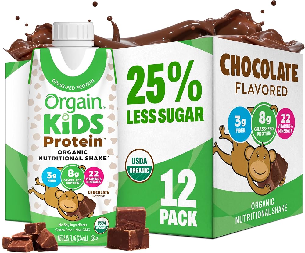 Orgain Organic Kids Dairy 8g Protein Shake, Chocolate, 8.25 oz, 12pk | Nutritional drink, grass-fed protein, 22 vitamins & mi