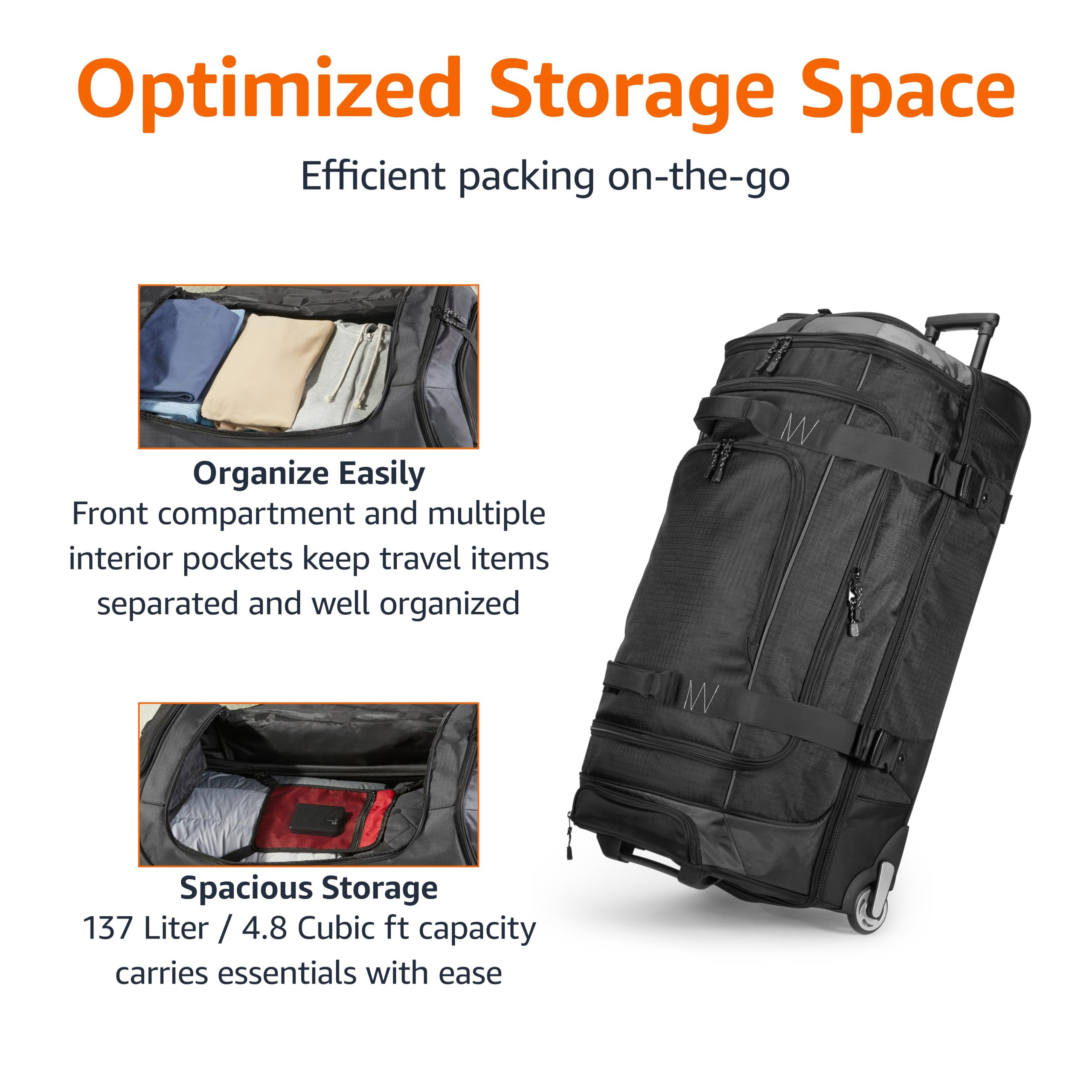 Amazon Basics 35-inch Large Rolling Duffle Bag with Wheels and Handle, Travel Duffle Bag with Durable Ripstop Polyester Material, 2 Layers of Space, Multiple Interior and Exterior Pockets, Black