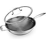 12" Stainless Steel Durable Wok - Triply Kitchenware Wok with Glass Lid, Side Handle - DAKIN Etching Non-Stick Coating, Scrat