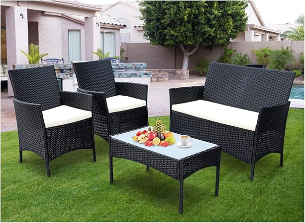 Amazon Com Simbr 4 Pieces Outdoor Patio Furniture Sets Wicker Chairs With Coffee Table Conversation Sets Outdoor Furniture Patio Set For Backyard Lawn Porch Garden Poolside Balcony Garden Outdoor