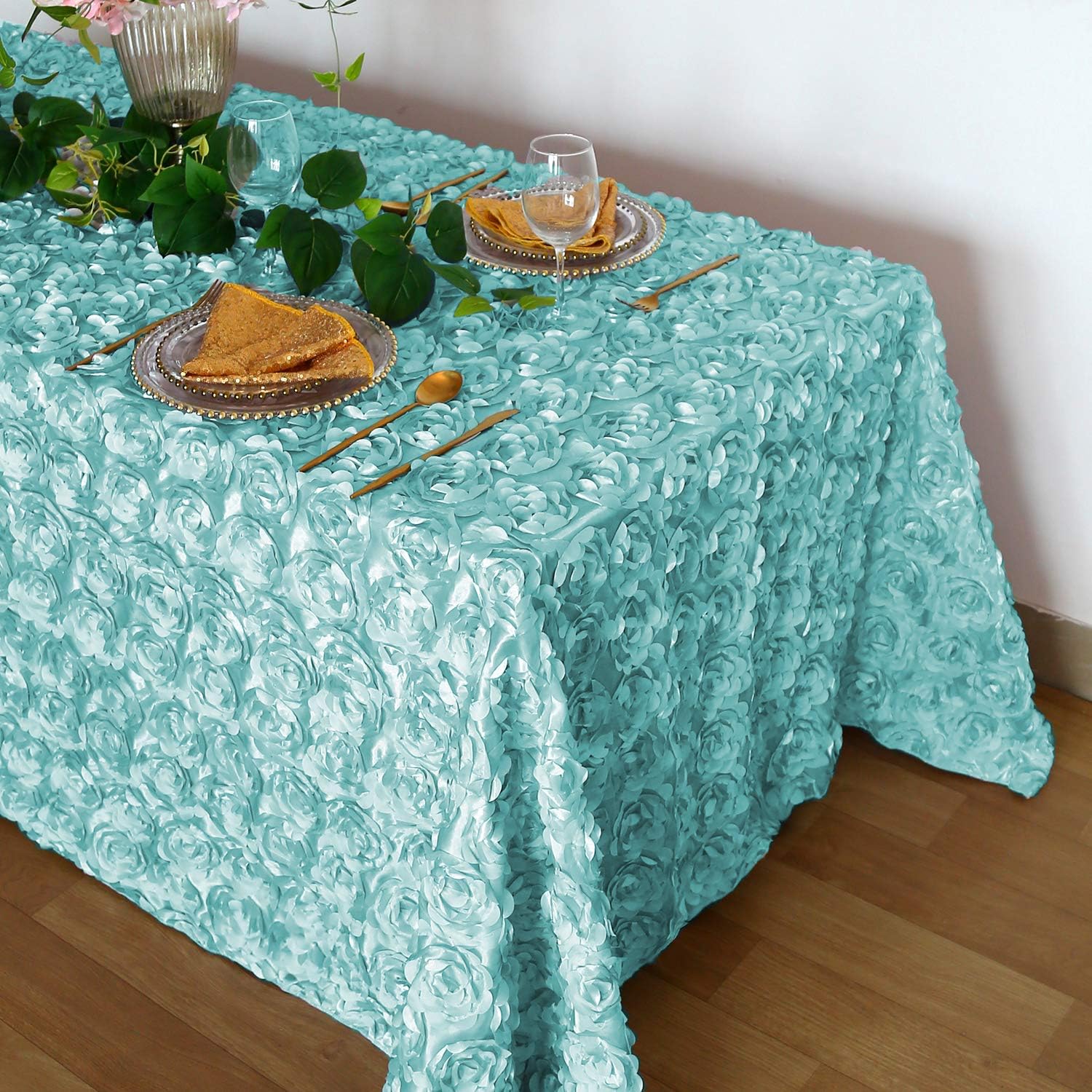 90x156 Inch Baby Blue Rosette Tablecloth for Indoor Outdoor Wedding