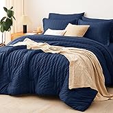 CozyLux Queen Comforter Set Navy Blue Seersucker 7 Pieces Bed in a Bag Queen Comforter Set with Sheets Luxury Soft Bedding Set with Down Alternative Comforter, Sheets, Pillowcases & Shams All Seasons