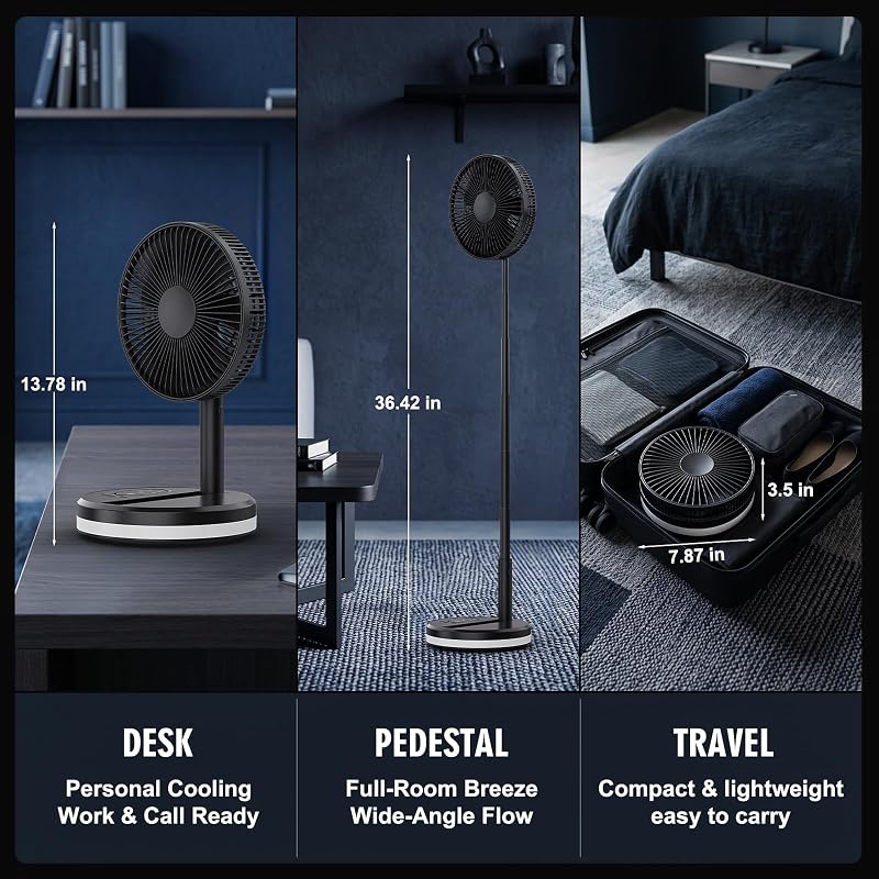 Ventilador de chão portátil dobrável e oscilante - 7,8" 16000mAh Ventoinhas de mesa pequenas USB C com comando remoto, Ventoinha Silent Pedestal para viagens em escritório de sono em casa