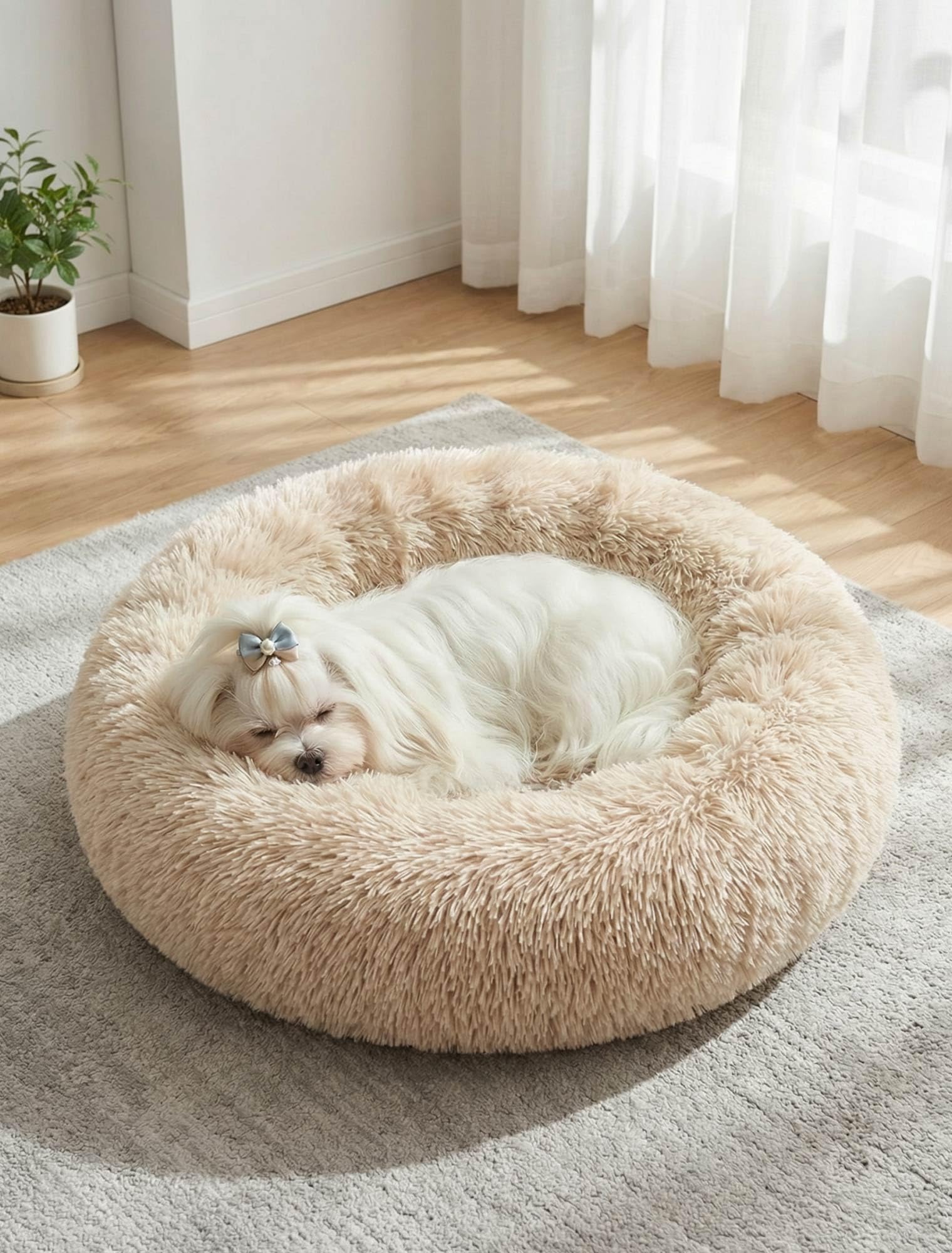 Flashbee Comfy Calming Dog Beds Medium Washable,Anti Anxiety Donut Ped Bed,Luxury Warm Fluffy Improved Sleep Amazingly Cat Bed Cuddler,Anti-Slip Bottom Round Puppy ​for Small Dog（M,Beige Brown） — image 1