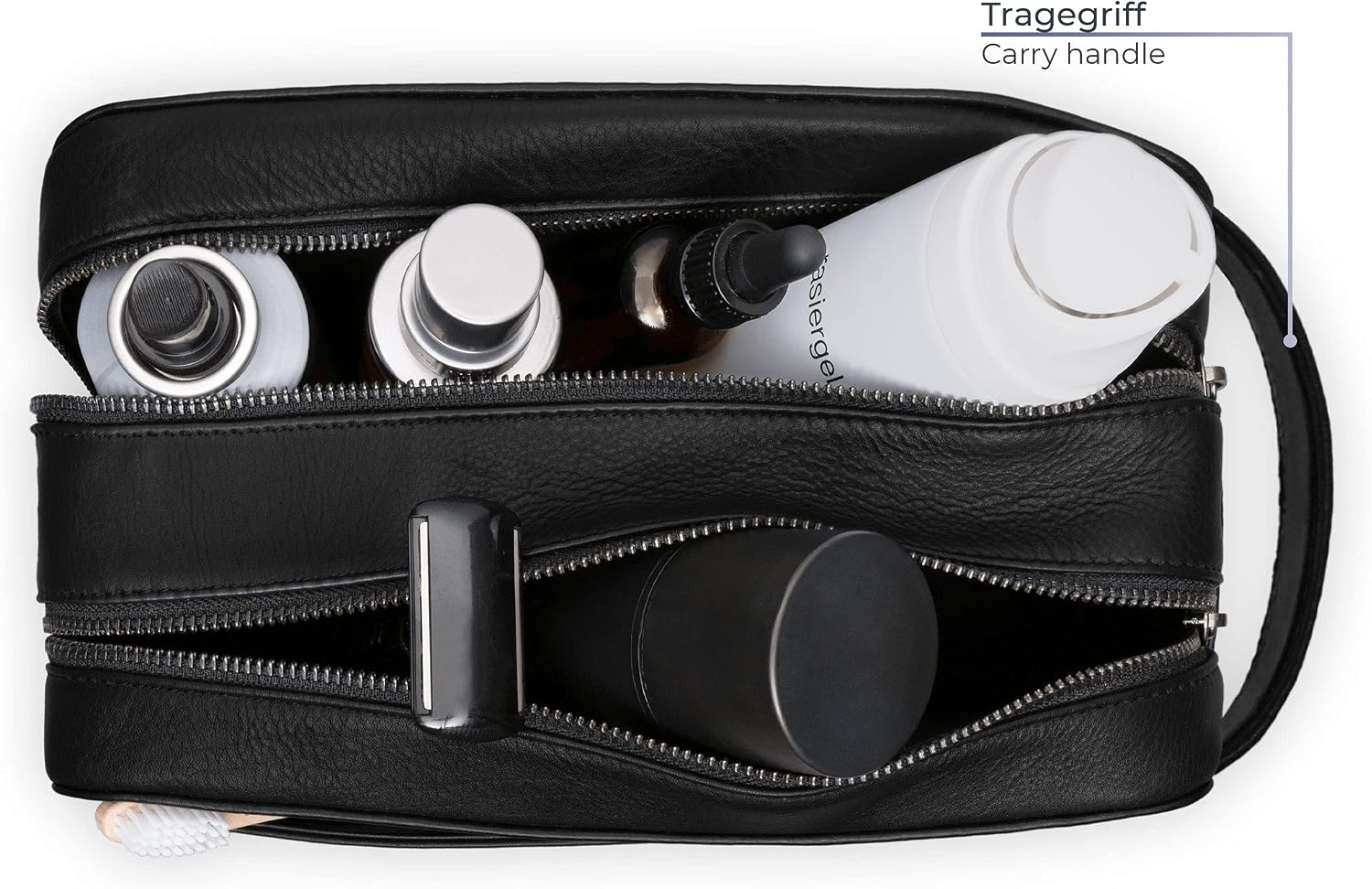 Atlas XL Leather Toiletry Bag for Men, Handcrafted Travel Wash Bag & Dopp Kit in Premium Leather, Midnight Black - Image 3