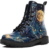 AWSOLE Women's Sun And Moon Combat Boots Celestial Boho Ankle Booties Waterproof Faux Leather Gothic Witchy Lace-Up Chunky Boots
