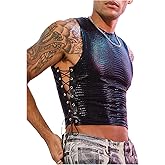 SHENHE Men's Y2k PU Leather Lace Up Tank Tops Mesh Sleeveless Punk Clubwear Cropped Vest
