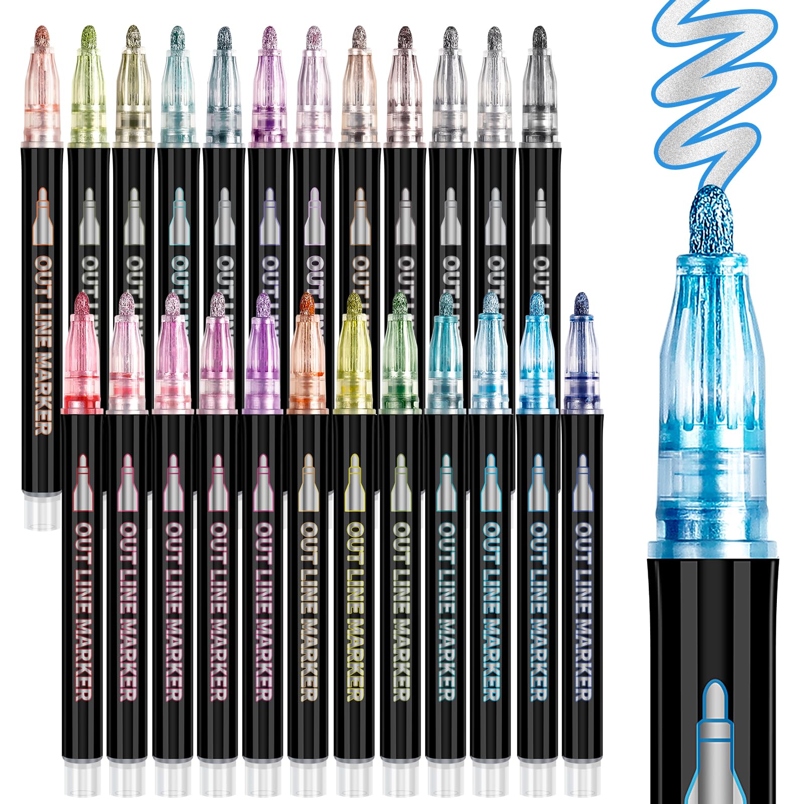 ANYUKE 24 Double Line Outline Pens, Shimmer Outline Markers Glitter Pens for Girls Crafts, Art Supplies Metallic Pen for Card Making