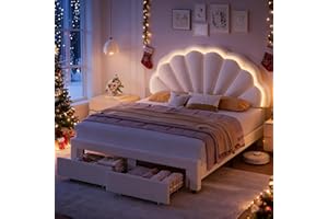 HIFIT Queen Upholstered Smart LED Bed Frame with Storage Drawers & Adjustable Chic Double Petal Headboard, Velvet Princess Platform Bed with Solid Wood Slat/No Box Spring Needed/Easy Assembly, Beige
