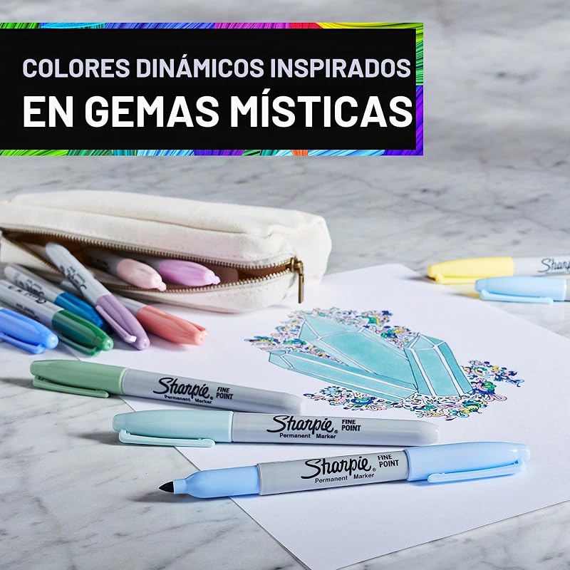 paquete regalo rotuladores permanentes, Hucha unicornio y rotuladores, Punta fina, Surtido colores Mystic Gem, 16 unidades, Regalos de unicornio para niños y niñas