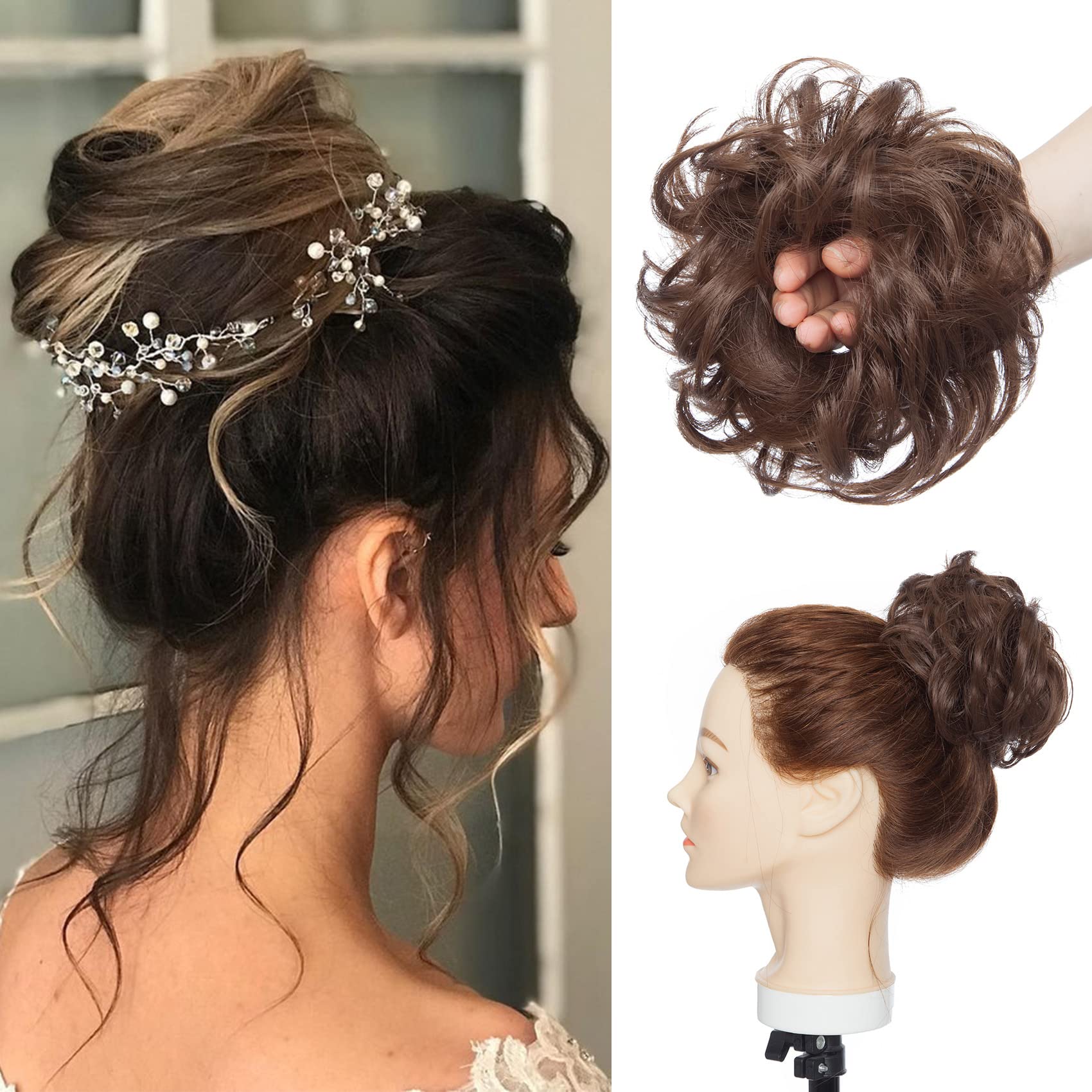 Silk-co Thick Hair Bun Extensions Messy Curly Hair Scrunchies Hairpieces Synthetic Donut Updo Pieces 35g/PC #Brown