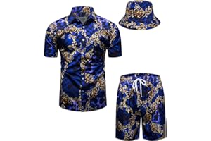 fohemr Mens Luxury Outfit Set Black Gold Shirts And Shorts 2 Piece Tracksuit Set Baroque Button Down Suit with Bucket Hats